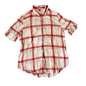 LEVI’S Blouse Sz S Casual Red White Plaid Button Up Short Sleeve Top Semi Sheer